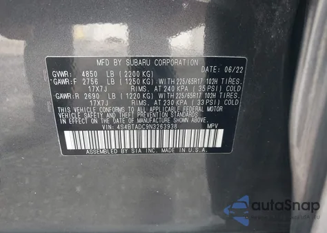 2022 Subaru Outback Premium z USA, uszkodzony, nr VIN 4S4BTADC9N3263938